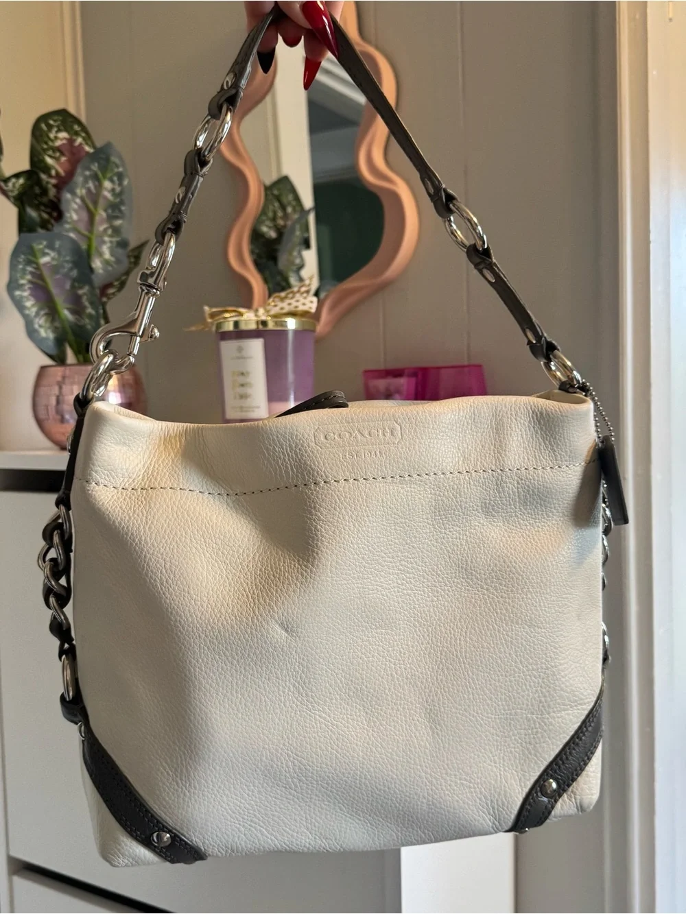 Coach Cream Leather Shoulder Bag with Black Trim
